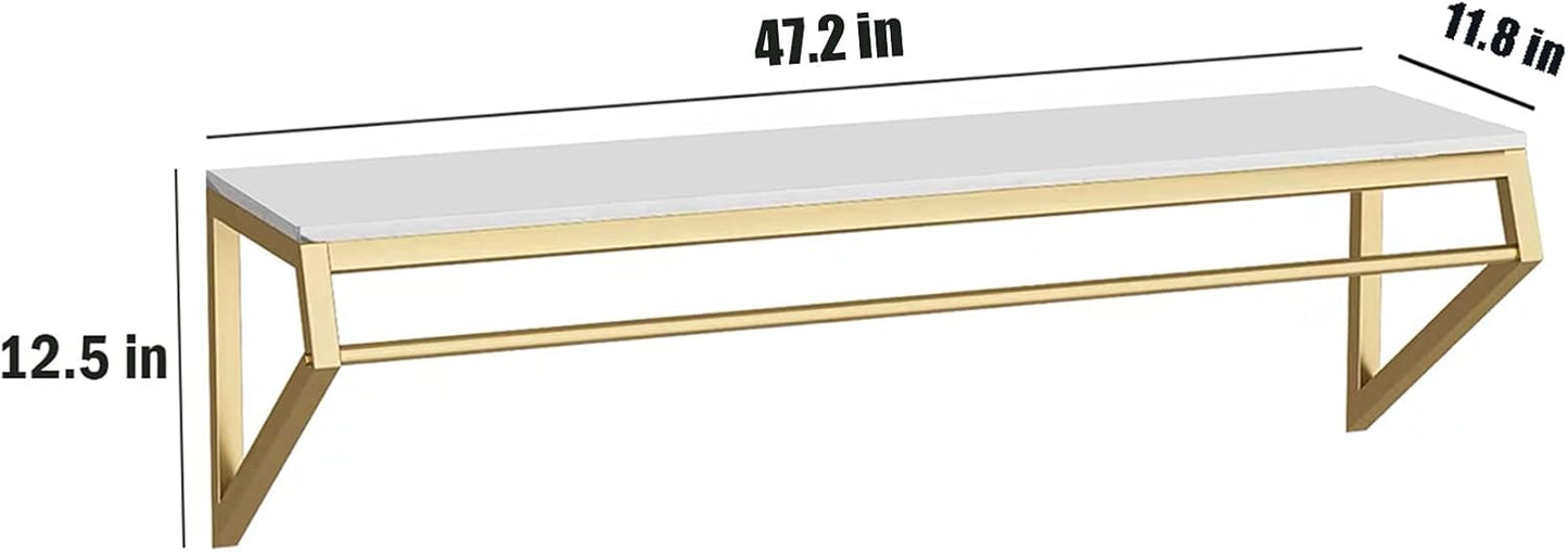 Heavy Duty Metal Display Shelf,Wall-Mounted Garment Rack with Wood,Clothes Rail,Bathroom Hanging Towel Rack (Gold Square Tube, B-47.2" L)