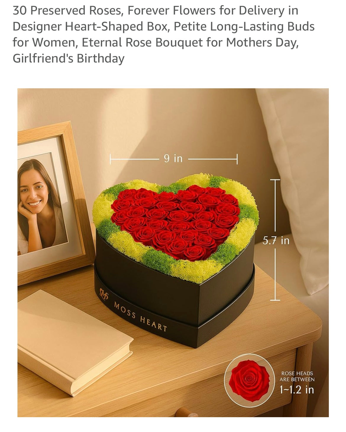 30 real preserved roses and moss heart