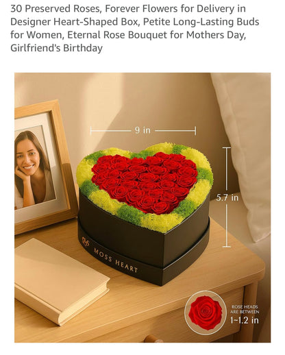 30 real preserved roses and moss heart
