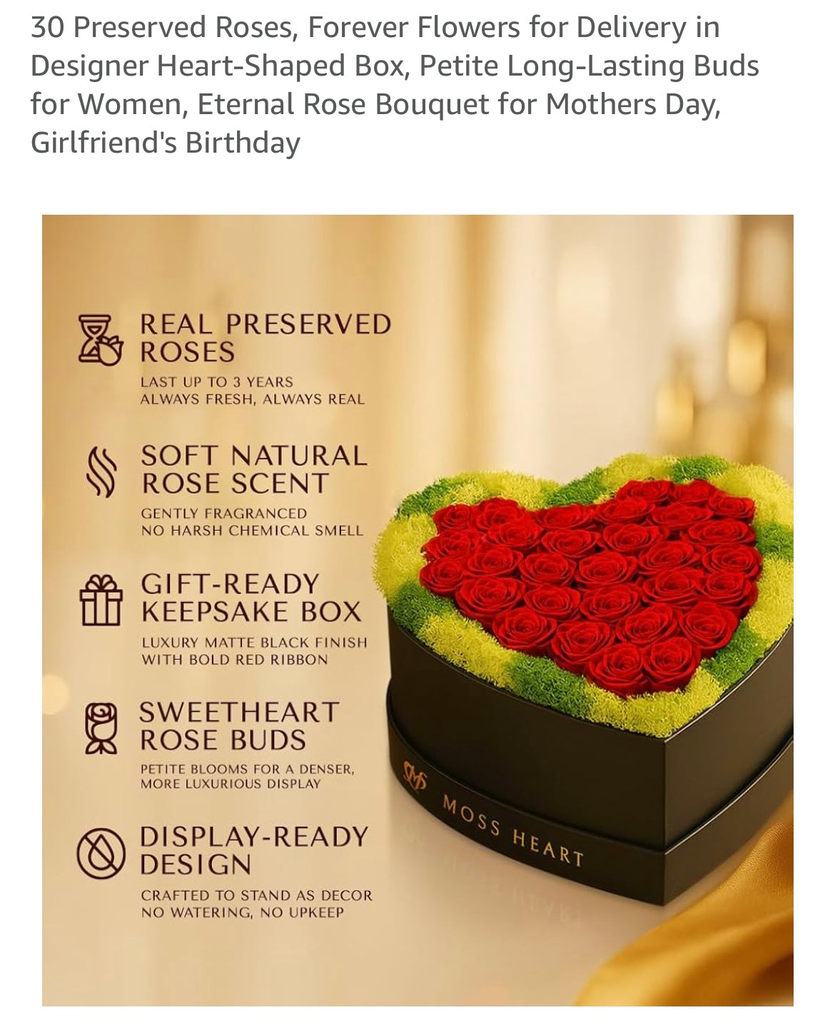 30 real preserved roses and moss heart