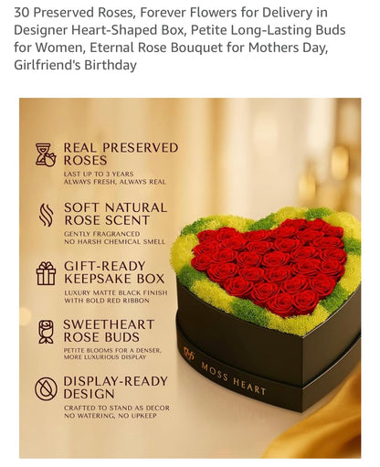 30 real preserved roses and moss heart