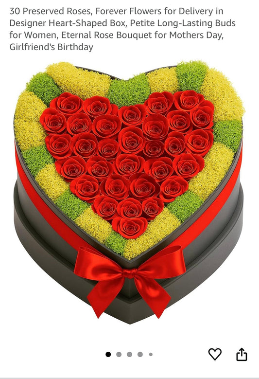 30 real preserved roses and moss heart