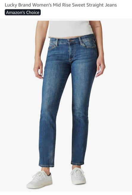 Woman wearing Lucky Brand women's mid rise sweet straight jeans on a white background
