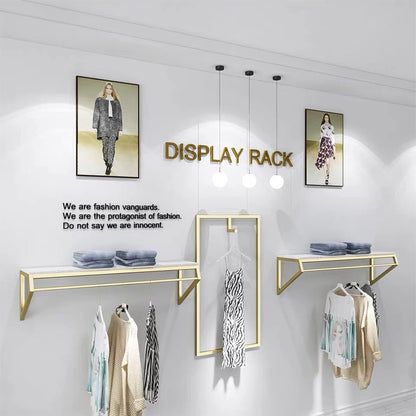 Heavy Duty Metal Display Shelf,Wall-Mounted Garment Rack with Wood,Clothes Rail,Bathroom Hanging Towel Rack (Gold Square Tube, B-47.2" L)