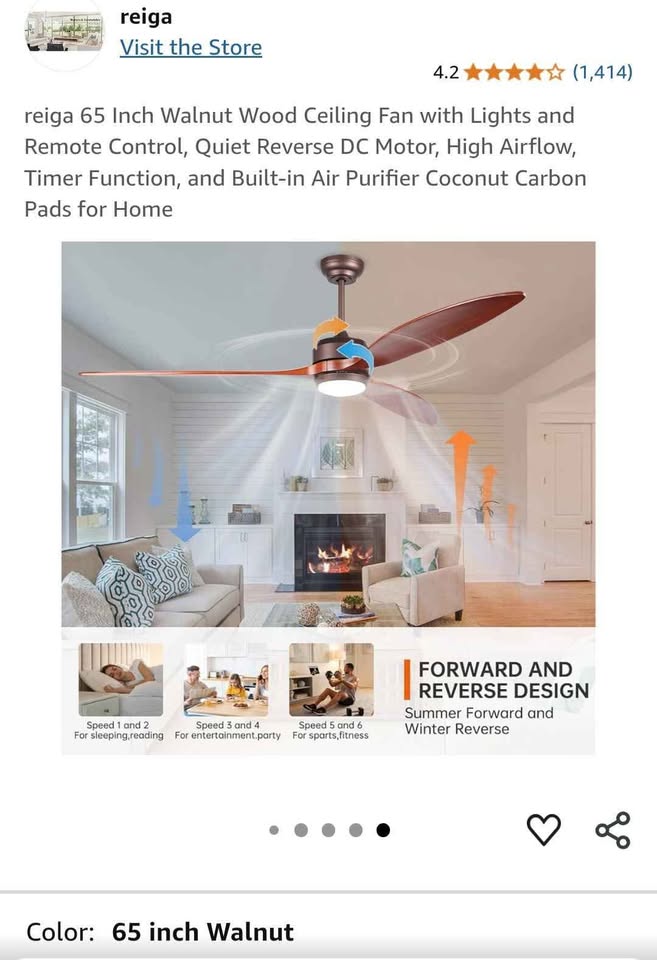 Reiga 65" Walnut Wood Ceiling Fan with Lights and Remote Control