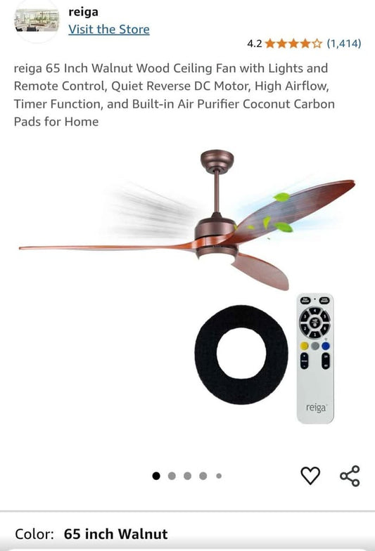 Reiga 65" Walnut Wood Ceiling Fan with Lights and Remote Control