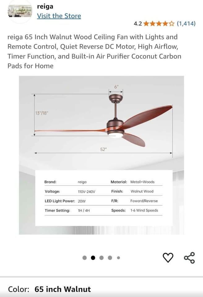 Reiga 65" Walnut Wood Ceiling Fan with Lights and Remote Control
