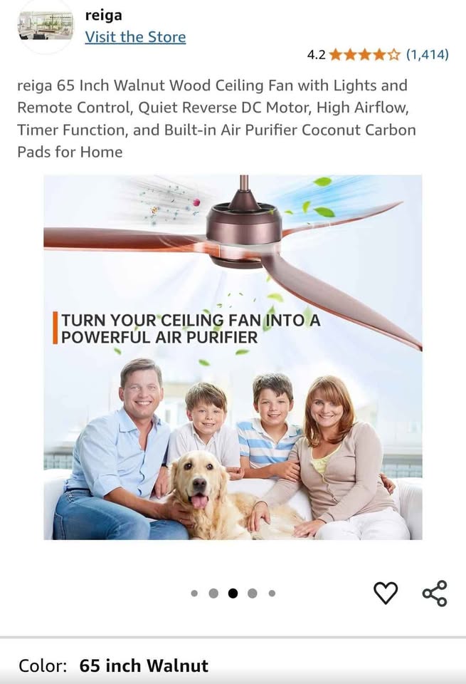 Reiga 65" Walnut Wood Ceiling Fan with Lights and Remote Control