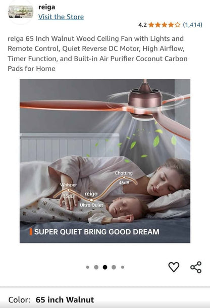 Reiga 65" Walnut Wood Ceiling Fan with Lights and Remote Control