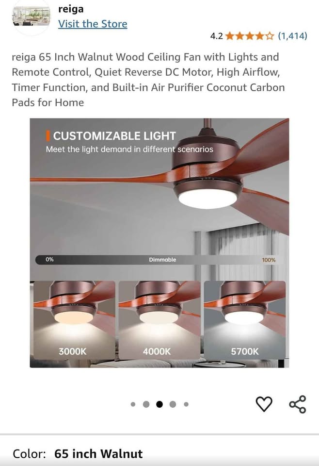 Reiga 65" Walnut Wood Ceiling Fan with Lights and Remote Control