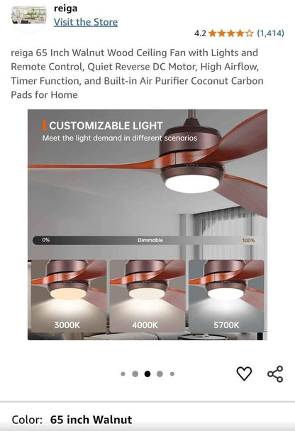 Reiga 65" Walnut Wood Ceiling Fan with Lights and Remote Control