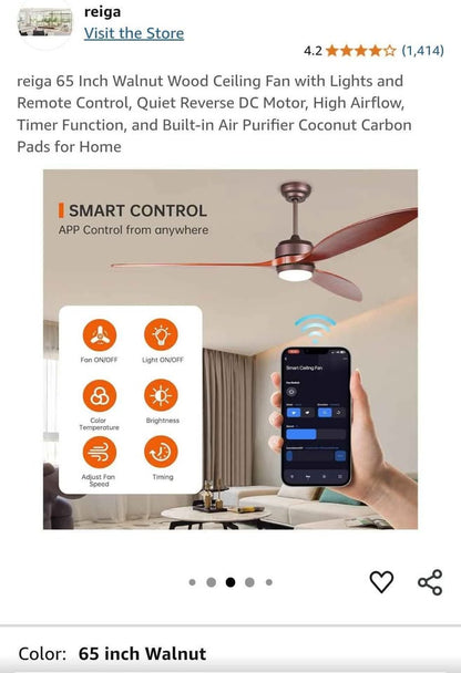 Reiga 65" Walnut Wood Ceiling Fan with Lights and Remote Control
