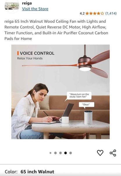 Reiga 65" Walnut Wood Ceiling Fan with Lights and Remote Control