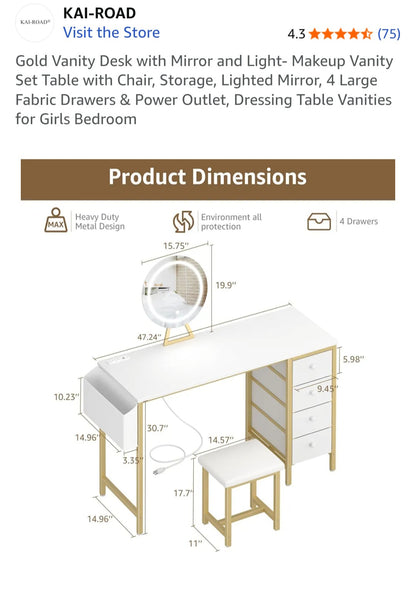 47" Desk with Mirror and Stool