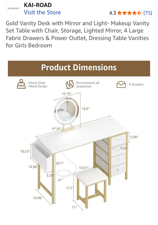 47" Desk with Mirror and Stool