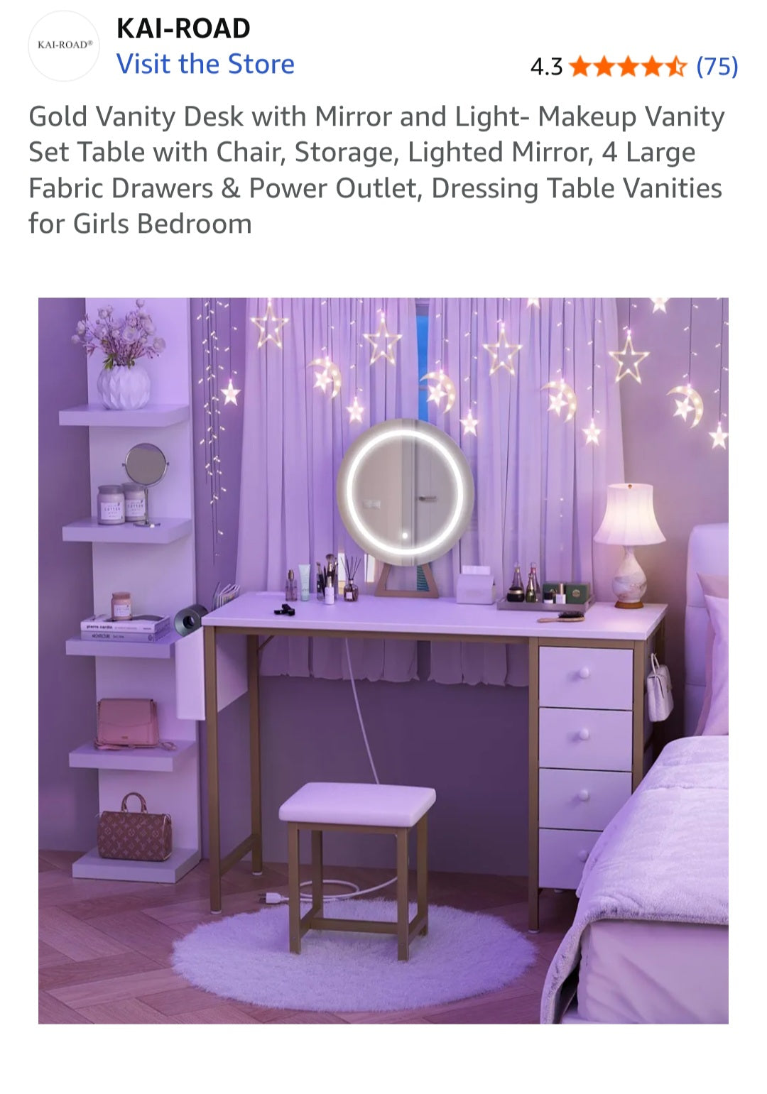 47" Desk with Mirror and Stool