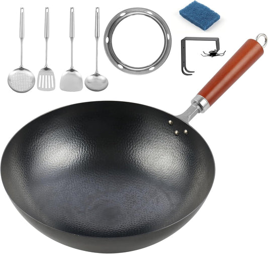 JLYO Never rust Hand Hammered Wok-Round Bottom Woks-12.6” Chinese Thickening Wok Set with 7 Pcs Cookware Accessories